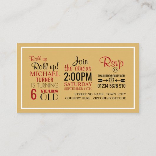 Classic Circus Poster, Kind Birthday Party Ticket Informatiekaartje (Achterkant)