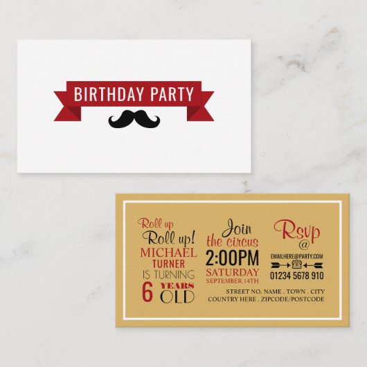 Classic Circus Poster, Kind Birthday Party Ticket Informatiekaartje (Voorkant / Achterkant)