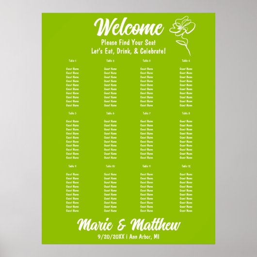Classic Citrus Green Floral Wedding Seating Chart Poster (Voorkant)