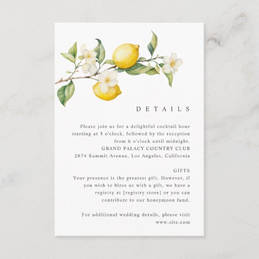 Classic Citrus Lemon Summer Wedding Enclosure Kaar Informatiekaartje (Voorkant)