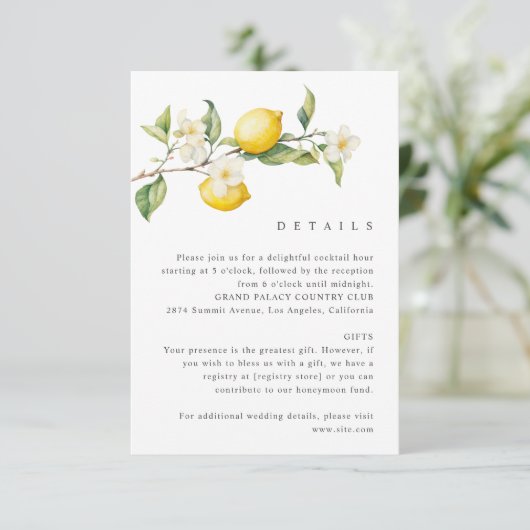Classic Citrus Lemon Summer Wedding Enclosure Kaar Informatiekaartje (Staand voorkant)