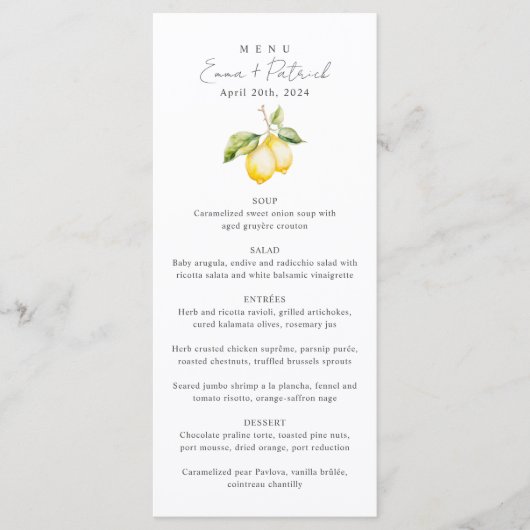 Classic Citrus Lemon Summer Wedding Menu (Voorkant)