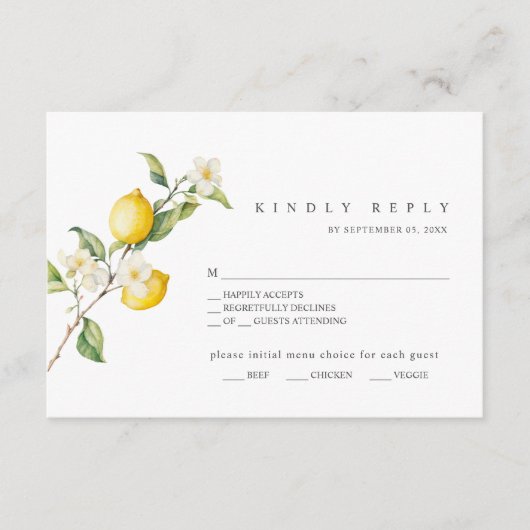 Classic Citrus Lemon Summer Wedding RSVP Kaart (Voorkant)