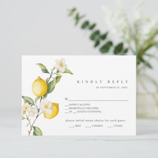 Classic Citrus Lemon Summer Wedding RSVP Kaart (Staand voorkant)