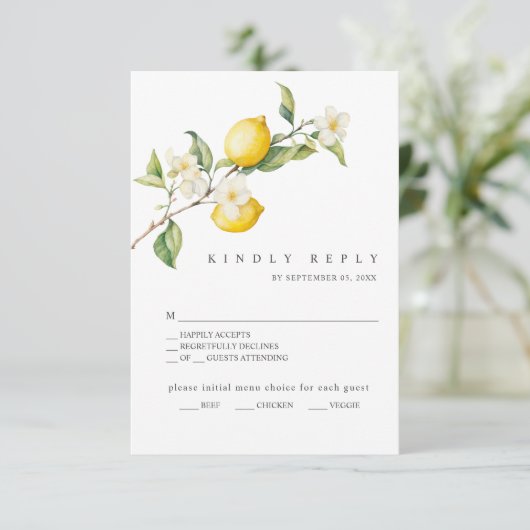 Classic Citrus Lemon Summer Wedding RSVP Kaart (Staand voorkant)