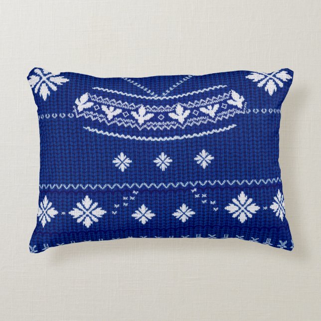 Classic Cobalt Blue & White Nordic Snowflake Knitt Accent Kussen (Voorkant)