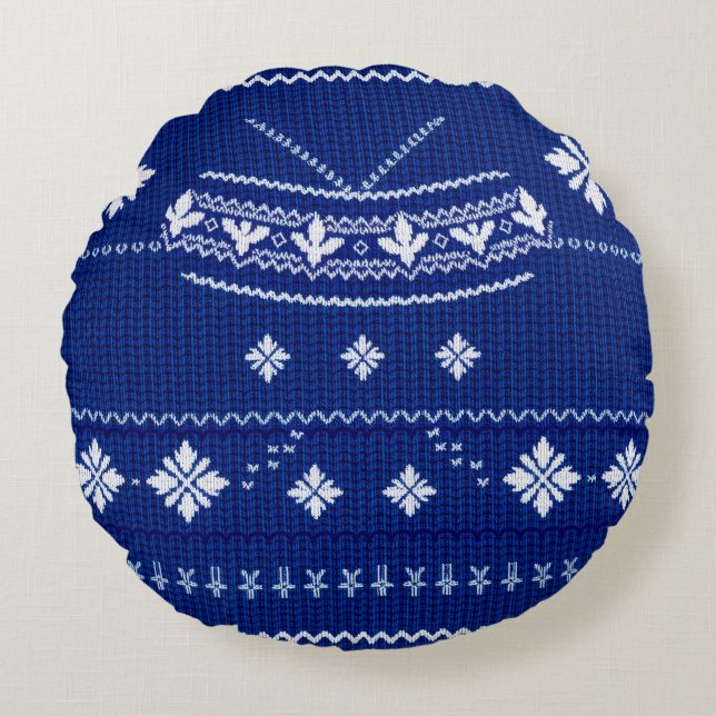 Classic Cobalt Blue & White Nordic Snowflake Knitt Rond Kussen (Voorkant)