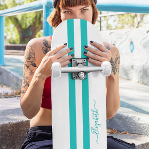 Classic Cool Blauwgroen White Racing Stripes Monog Persoonlijk Skateboard