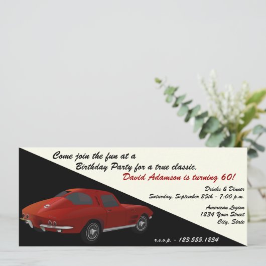 Classic Corvette Birthday Party Invitation Kaart (Staand voorkant)