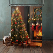 Classic Cozy Fireplace & Christmas Tree  Douchegordijn