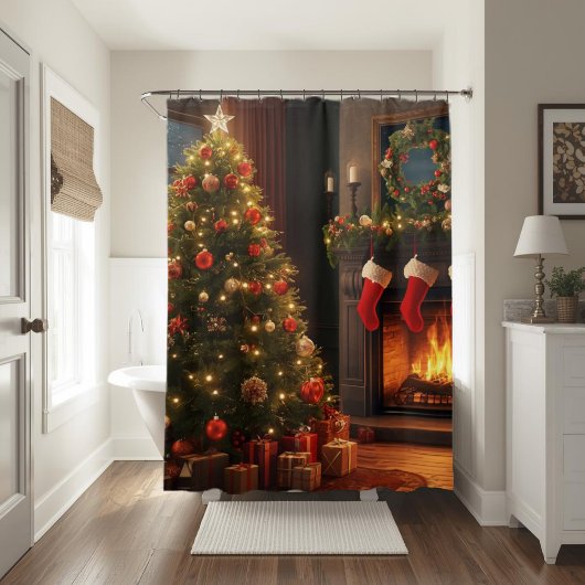 Classic Cozy Fireplace & Christmas Tree  Douchegordijn