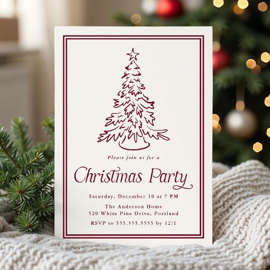 Classic Cranberry Border Christmas Tree Party Kaart
