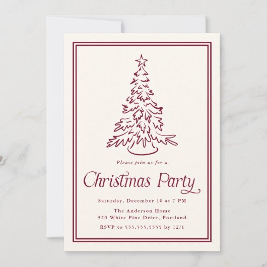 Classic Cranberry Border Christmas Tree Party Kaart (Voorkant)