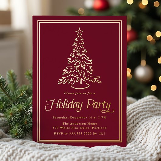 Classic Cranberry Christmas Tree Holiday Party Folie Uitnodiging