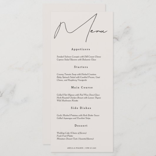 Classic Cream Bruiloft Diner Menu (Voorkant / Achterkant)