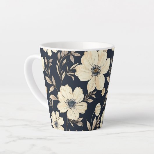 Classic Cream Flowers On Dark Navy Blue Background Latte Mok (Linkerhoek)