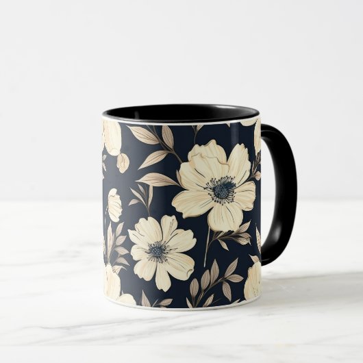 Classic Cream Flowers On Dark Navy Blue Background Mok (Voorkant rechts)