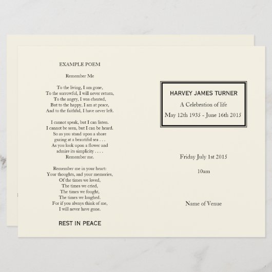 Classic Cream Order of Service Funeral Program (Voorkant / Achterkant)