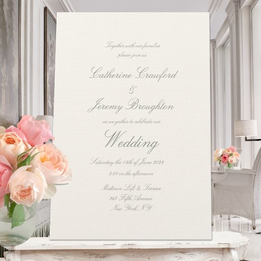 Classic Creamy White Linen Wedding Script Kaart
