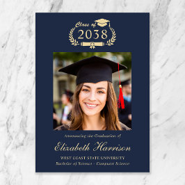 Classic Crest Blue Gold Photo College Graduation Aankondiging