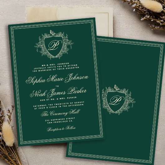 Classic crest monogram emerald green wedding kaart
