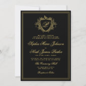 Classic crest monogram gold black wedding kaart (Voorkant)