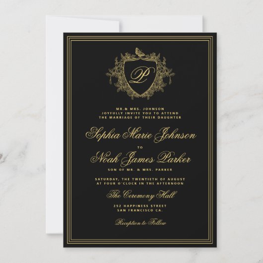 Classic crest monogram gold black wedding kaart (Voorkant)