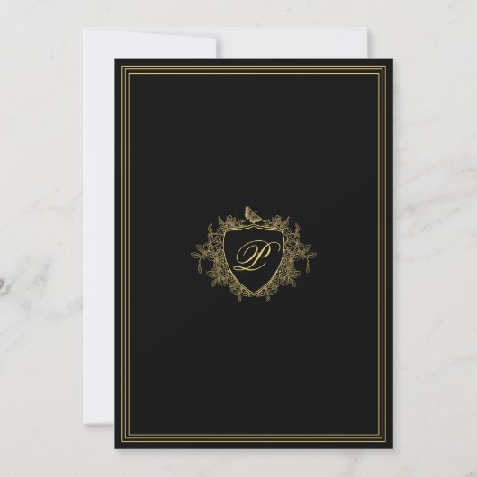 Classic crest monogram gold black wedding kaart (Achterkant)