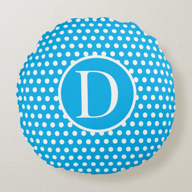 Classic Custom initiaal letter Polka Dot Sky Blue Rond Kussen (Voorkant)