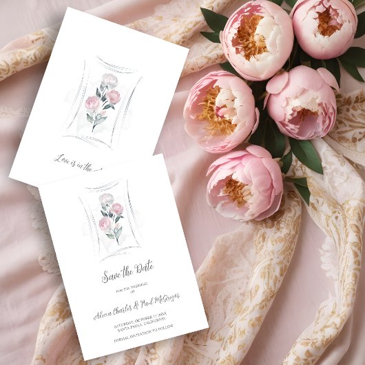 Classic Cute Floral Peonies Bunch in Gray & Pink Save The Date