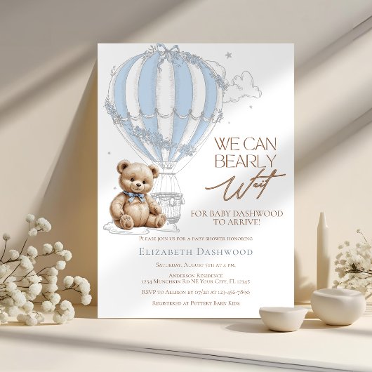 Classic Cute Teddy Bear Toile Balloon Baby Shower Kaart