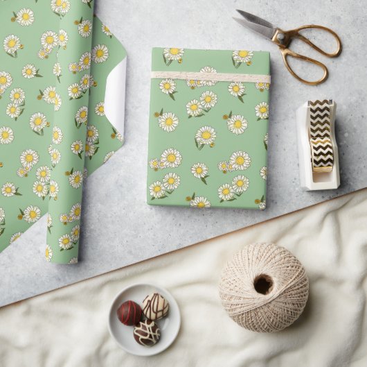 Classic Daisies en Groene  Bloemen Cadeaupapier (Crafts)