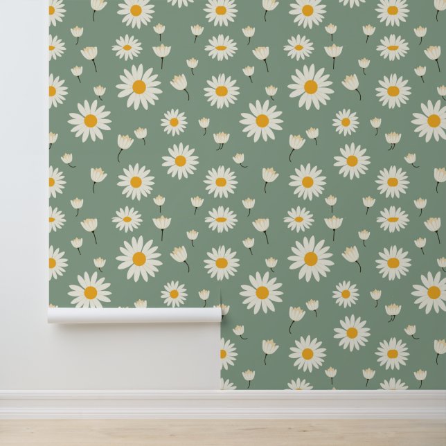 Classic Daisy  geïnspireerde Sage Green Behang (Applicatie)
