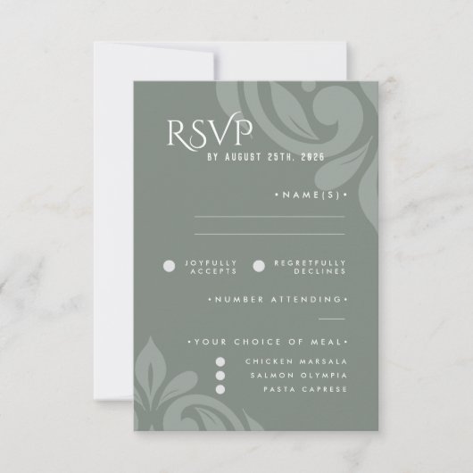 Classic Damask Earthy Sage Photo Wedding RSVP (Voorkant)
