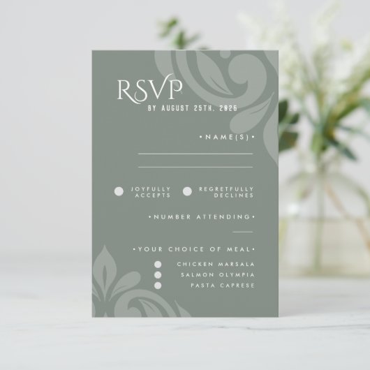 Classic Damask Earthy Sage Photo Wedding RSVP (Staand voorkant)