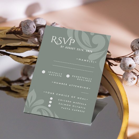 Classic Damask Earthy Sage Photo Wedding RSVP Kaartje