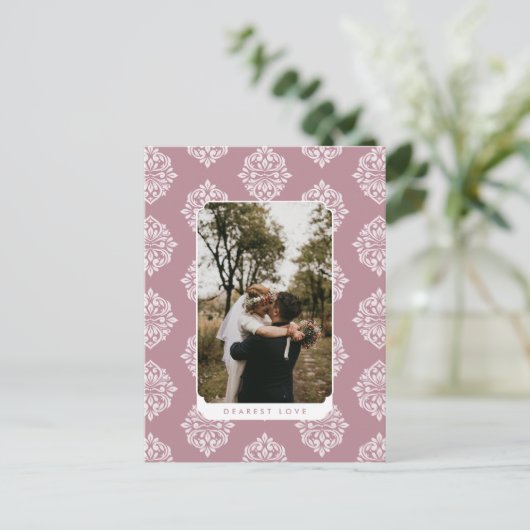 Classic Damask Elegant Script Valentines Day Card Briefkaart (Staand voorkant)