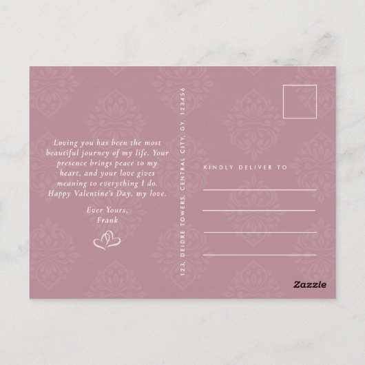 Classic Damask Elegant Script Valentines Day Card Briefkaart (Achterkant)