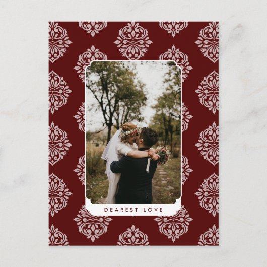 Classic Damask Elegant Script Valentines Day Card Briefkaart (Voorkant)