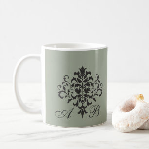 Classic Damask Monogram in Elegant Grijs en Zwart Koffiemok