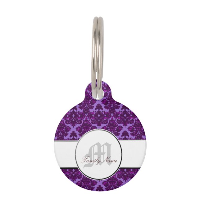 Classic Damask Paars (Monogram) Huisdierpenning (Voorkant)