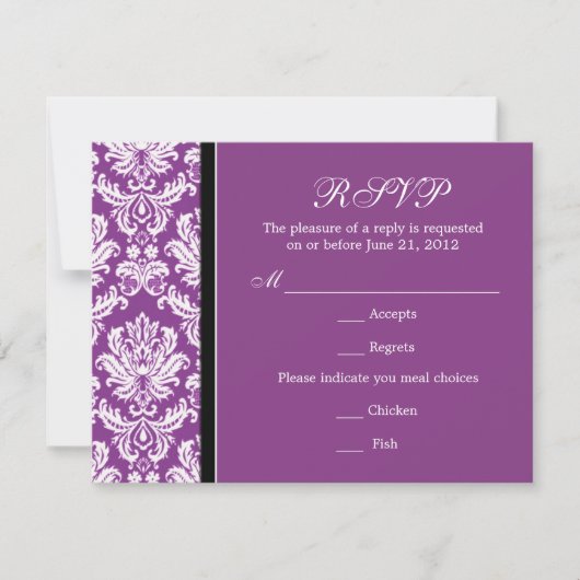 Classic Damask Paarse RSVP-kaart RSVP Kaartje (Voorkant)