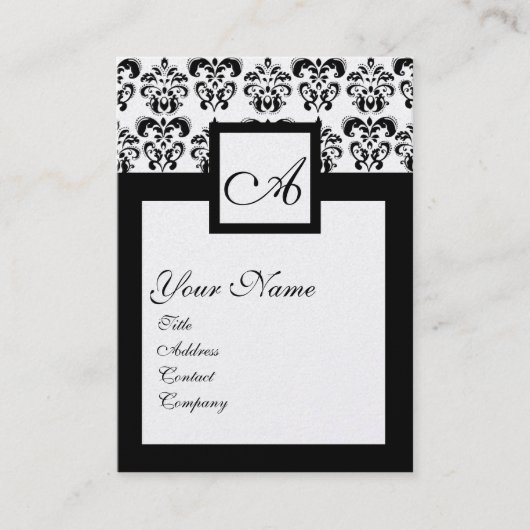 CLASSIC DAMASK SQUARE MONOGRAM Black White Pearl Visitekaartje (Voorkant)