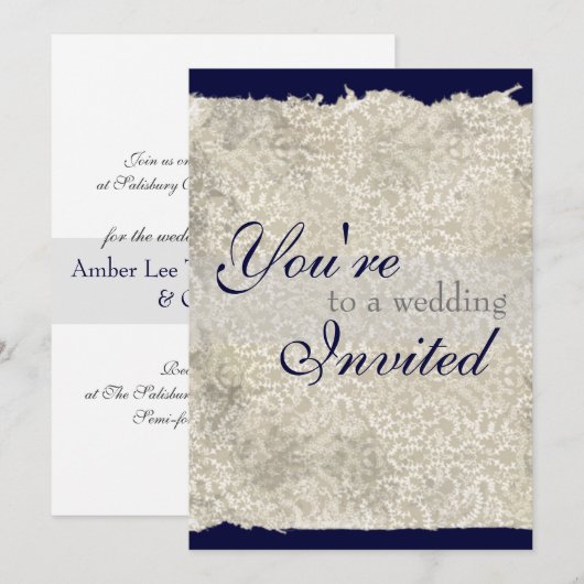 Classic Damask Wedding Invitations, Navy Blue Kaart (Voorkant / Achterkant)