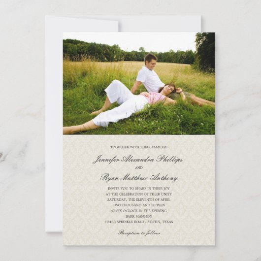 Classic Damask Wedding Photo Invitting - Cream Kaart (Voorkant)