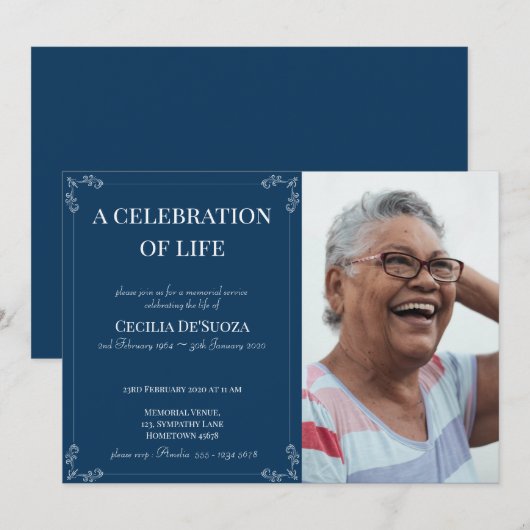 Classic Dark Blue  Funeral Custom Photo Kaart (Voorkant / Achterkant)