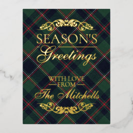 Classic Dark Blue Red Green Plaid Pattern Gold Folie Feestdagen Briefkaart