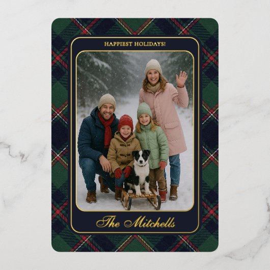 Classic Dark Blue Red Green Plaid Pattern Gold Folie Feestdagenkaart (Voorkant)