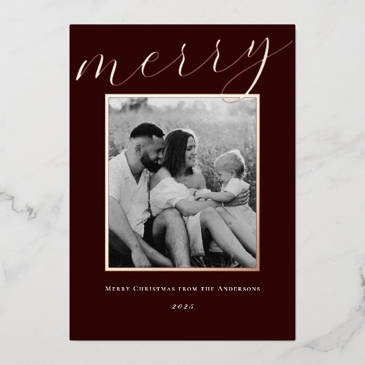 Classic Dark Bourgondië en Goud Lijst Familiefoto Folie Feestdagenkaart (Voorkant)