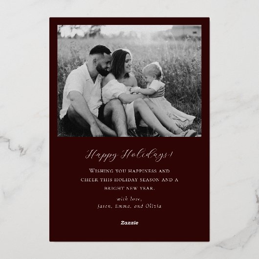 Classic Dark Bourgondië en Goud Lijst Familiefoto Folie Feestdagenkaart (Achterkant)